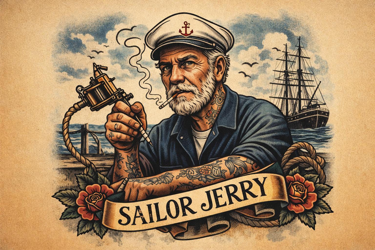 Traditional illustration of Sailor Jerry, iconic sailor and tattoo artist inspired by maritime culture.