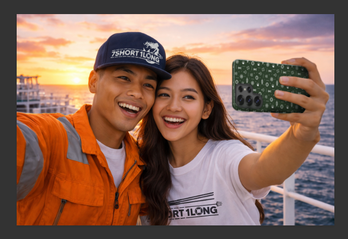 crewmember having a samsung case with maritime patern on a cruise ship