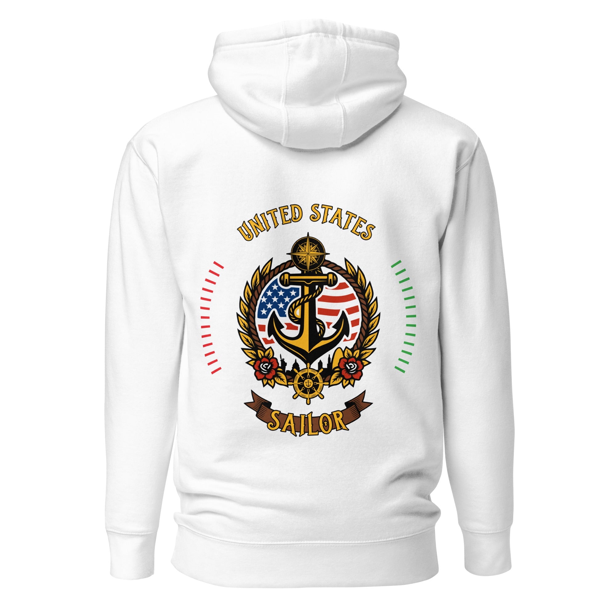 white hoodie for seafarers with american flag