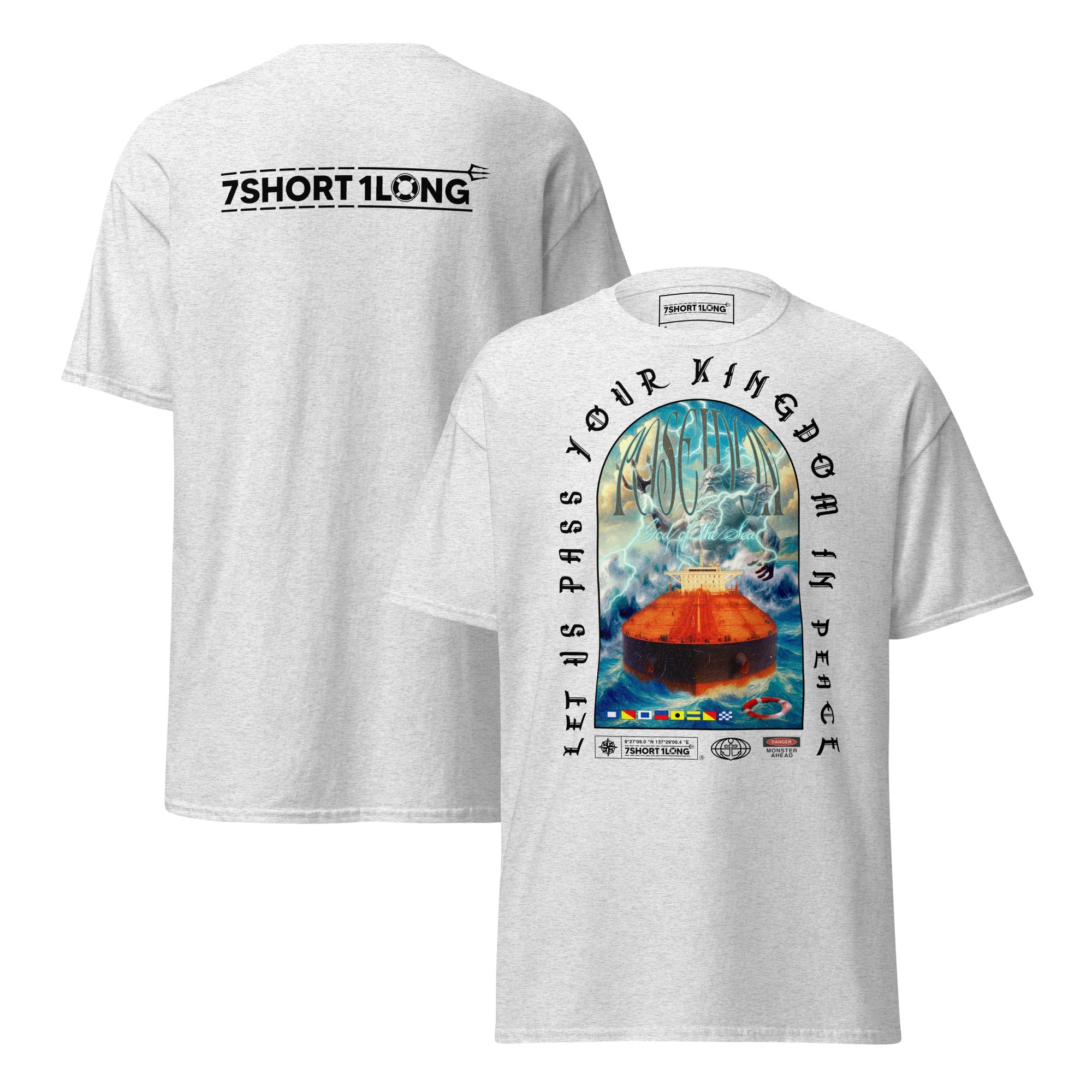 white t-shirt with tanker ship