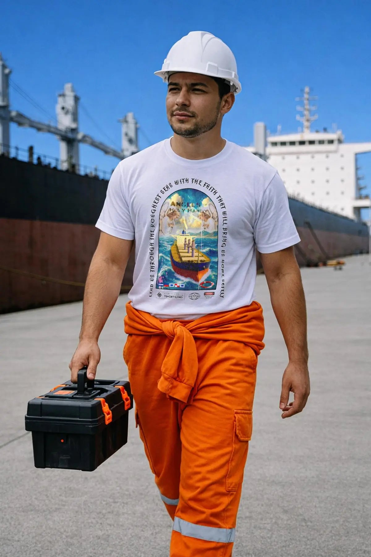 Sailor walking at the pier in front of a bulk carrier, wearing a crew shirt
