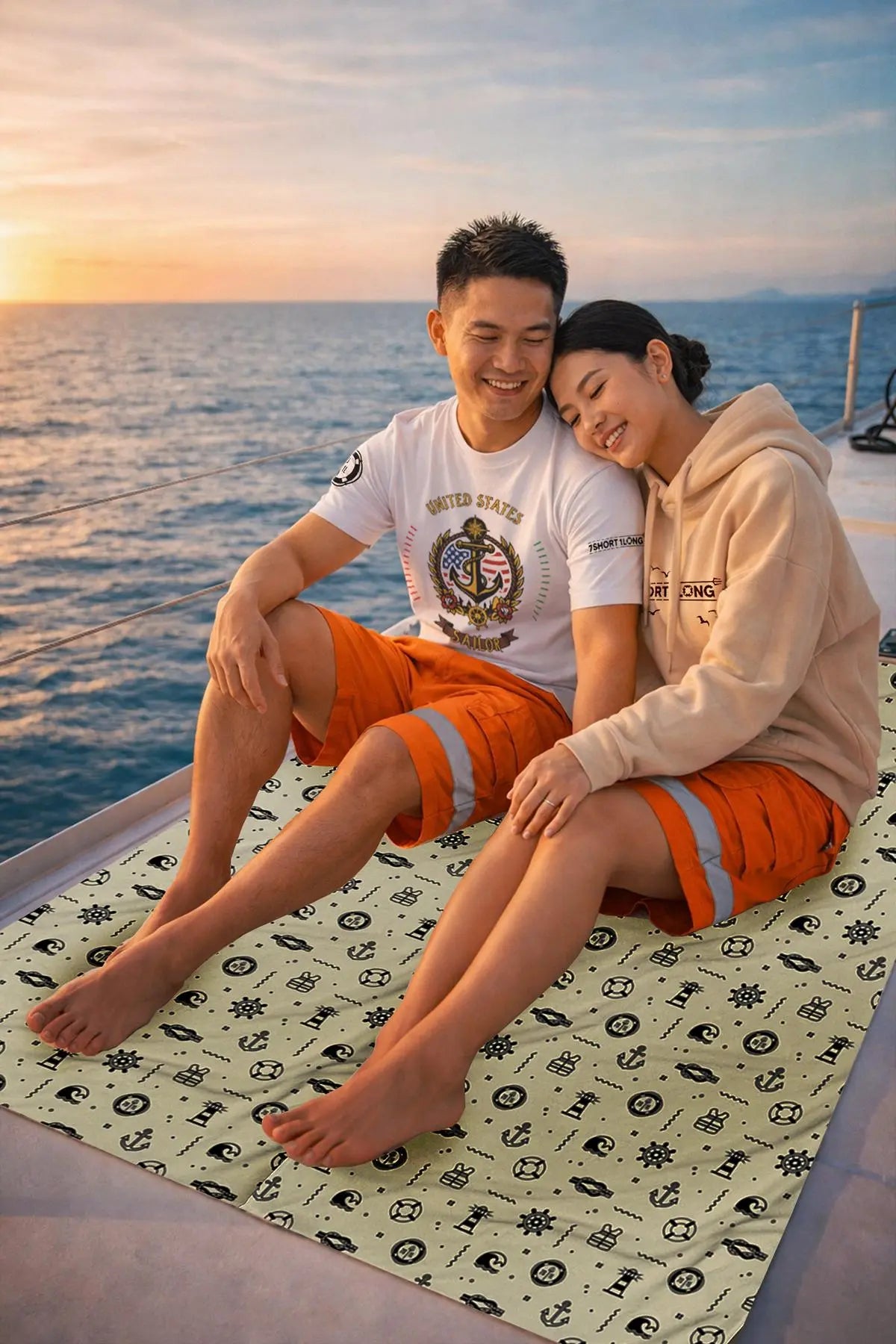 Crew memebr sitting on the open deck on a beach towel with maritime pattern