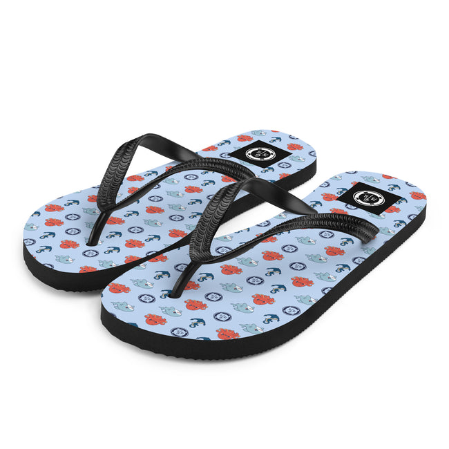 Pair of flip-flops with cute pattern on a ctopus and cute shark pattern Hover Image