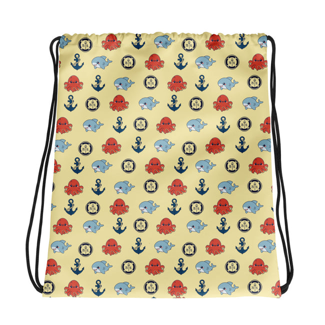 Drawstring bag with nautical pattern featuring octopuses, anchors, and shark on a sunny yellow background. Hover Image