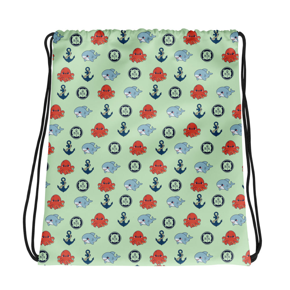 Drawstring bag with nautical pattern featuring octopuses, whales, and anchors on a light green background. Main image
