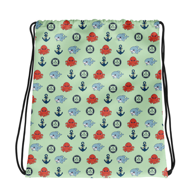 Drawstring bag with nautical pattern featuring octopuses, whales, and anchors on a light green background. Hover Image