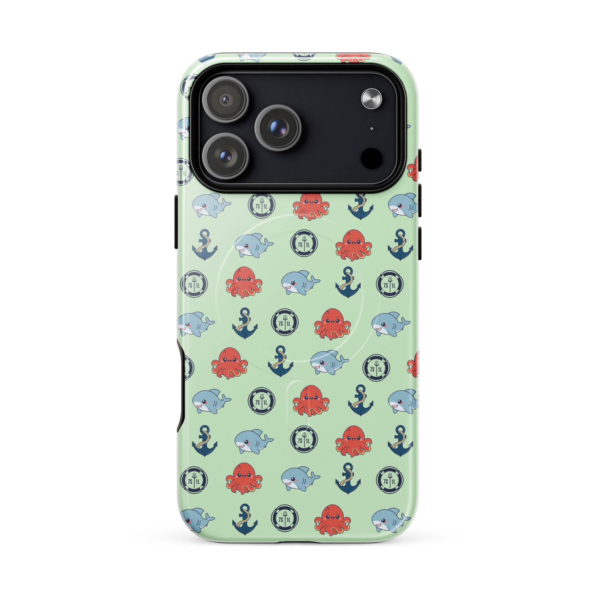 Phone case with nautical pattern featuring baby octopuses, anchors, and baby shark Main image