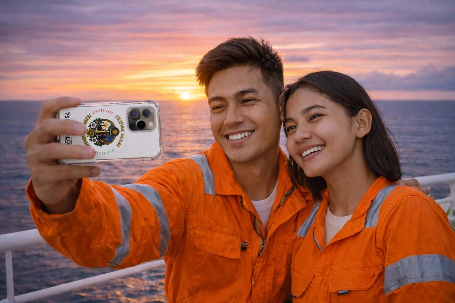 Two people taking a selfie on a cruise ship with a iphone and a maritime pattern case at sunset.
