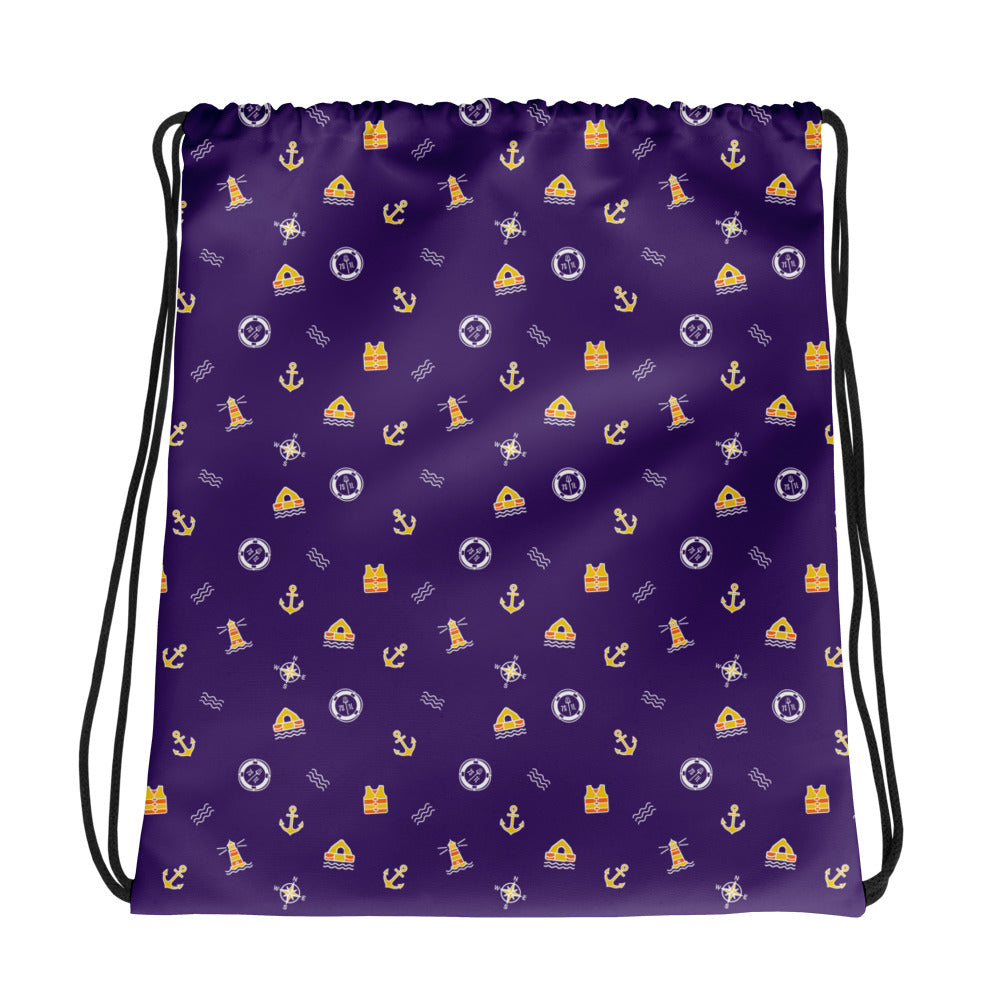 Drawstring bag with nautical solas pattern on a purple background