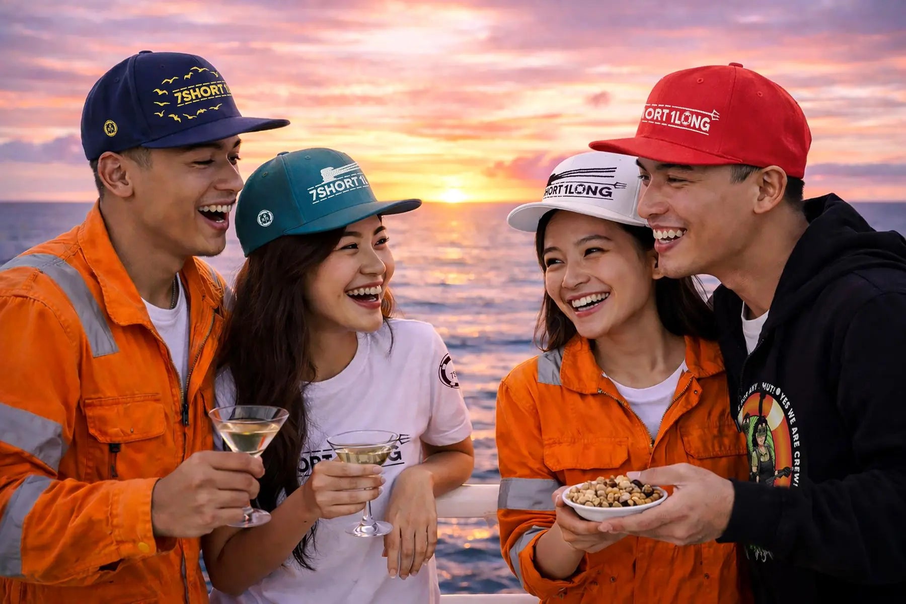 Crew member chilling in the sunset of a cruise ship and wering 7 short 1 long caps