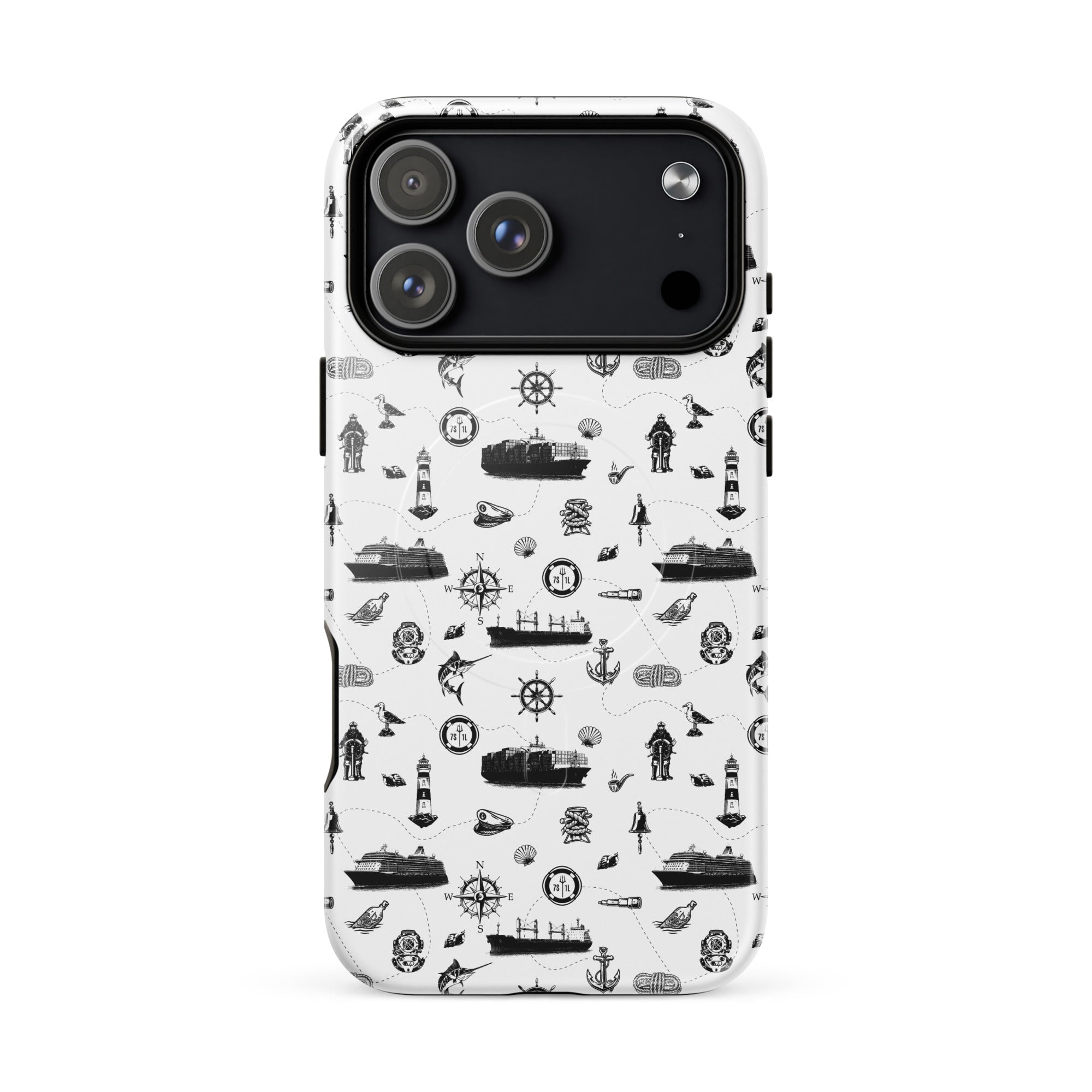 Luxury cruise iPhone case with black and white maritime pattern on a cruise ship