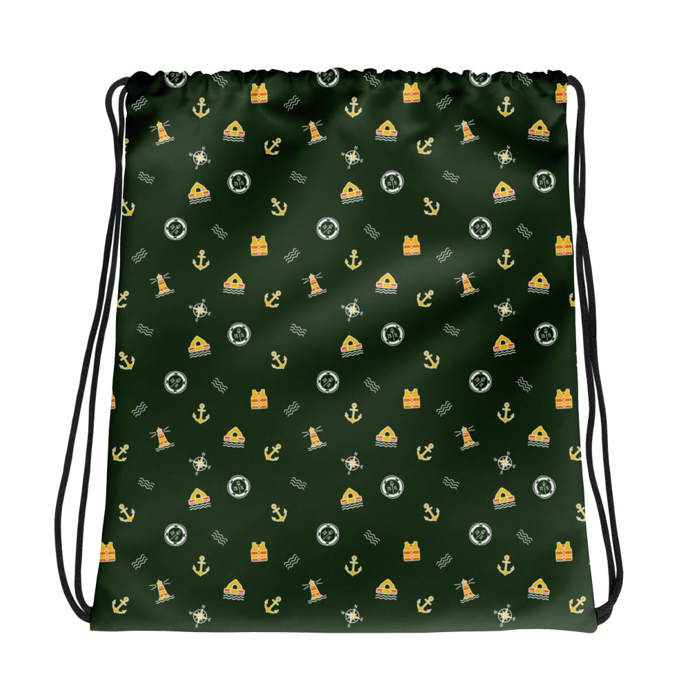 Green drawstring bag with nautical pattern on a white background