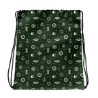 Drawstring bag with maritime pattern on a green background