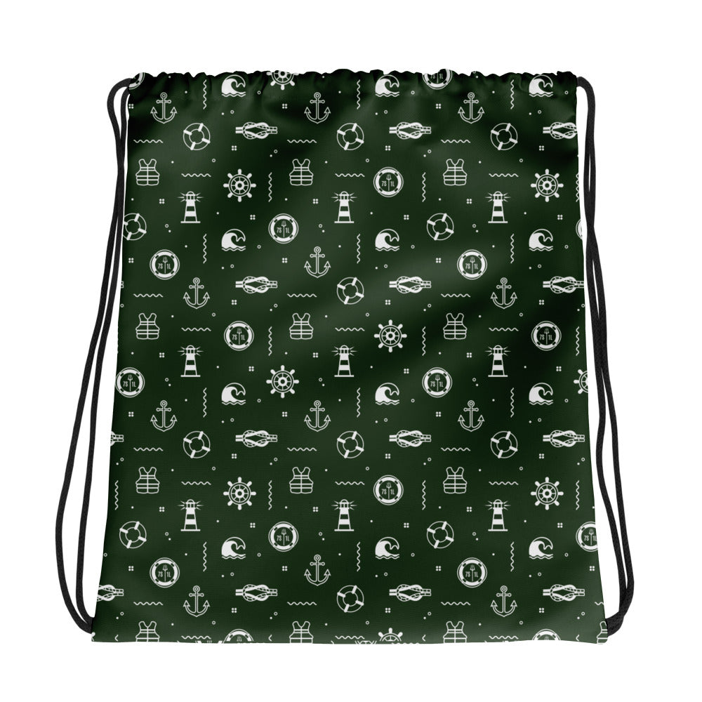 Drawstring bag with maritime pattern on a green background