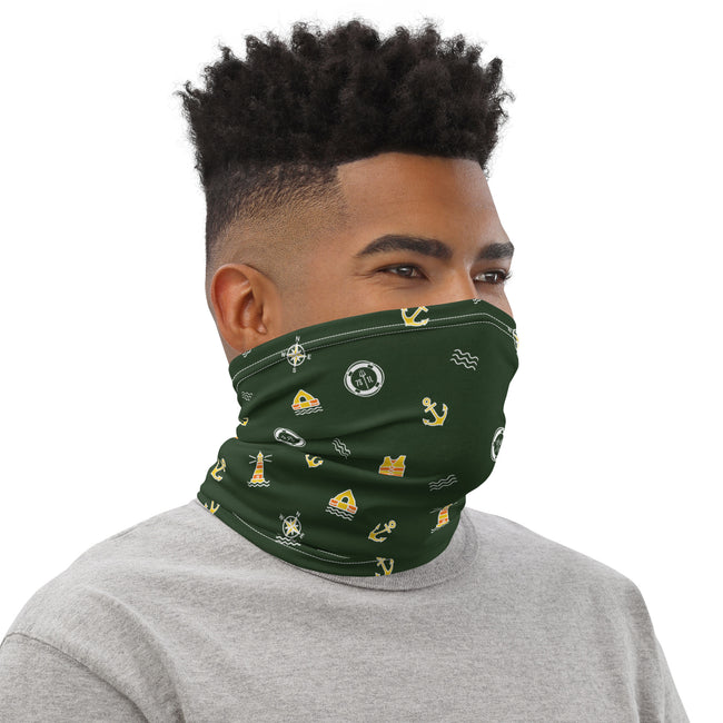 Maritime neck gaiter  in green with Safety at Sea design featuring Seven Short One Long emergency signal symbols, made for seafarers and crew members. Hover Image
