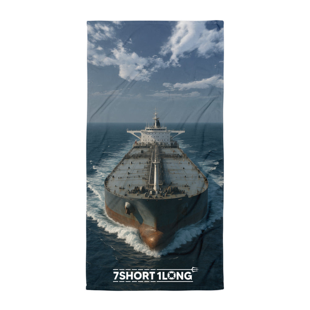 Towel with a tanker ship design and '7Short1Long' branding on a white background