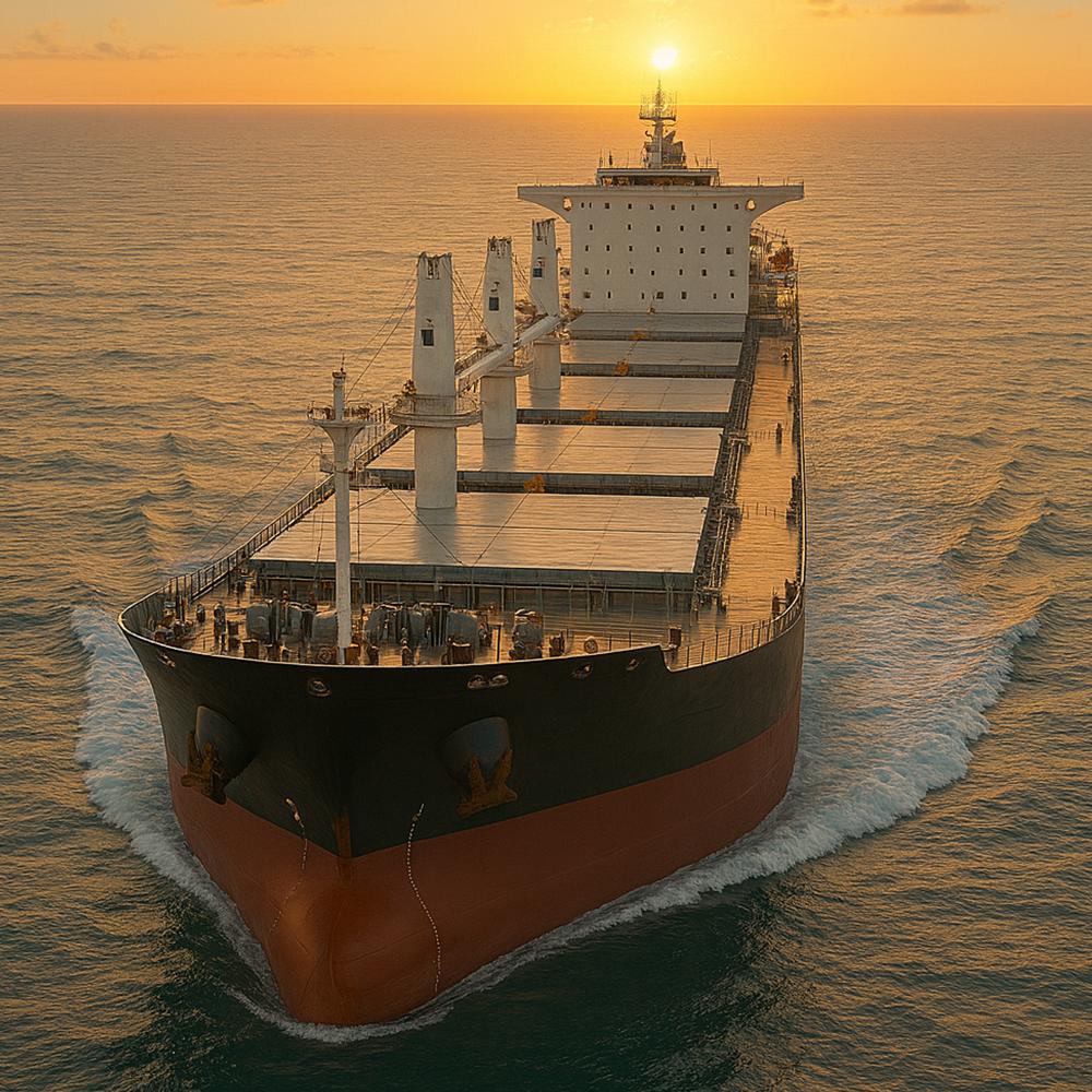 Large bulk carrier ship sailing on the ocean at sunset