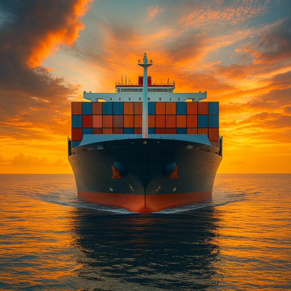 Container ship sailing on the ocean with a vibrant sunset sky