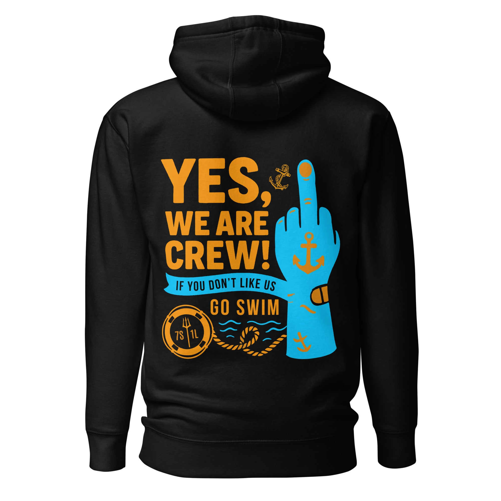Crew hoodie featuring a bold middle finger design symbolizing crew attitude, dark humor, and unfiltered maritime work culture.