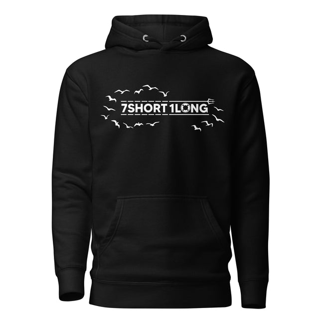 hoodie featuring the 7SHORT1LONG logo surrounded by flying seagulls, inspired by life at sea, seabirds following ships, and modern seafarer identity. Hover Image