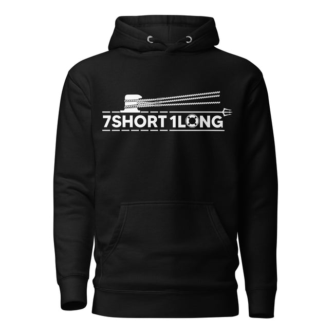 Black hoodie featuring a mooring rope graphic and the 7SHORT1LONG logo, inspired by deck operations, mooring procedures, and professional seafarer life. Hover Image