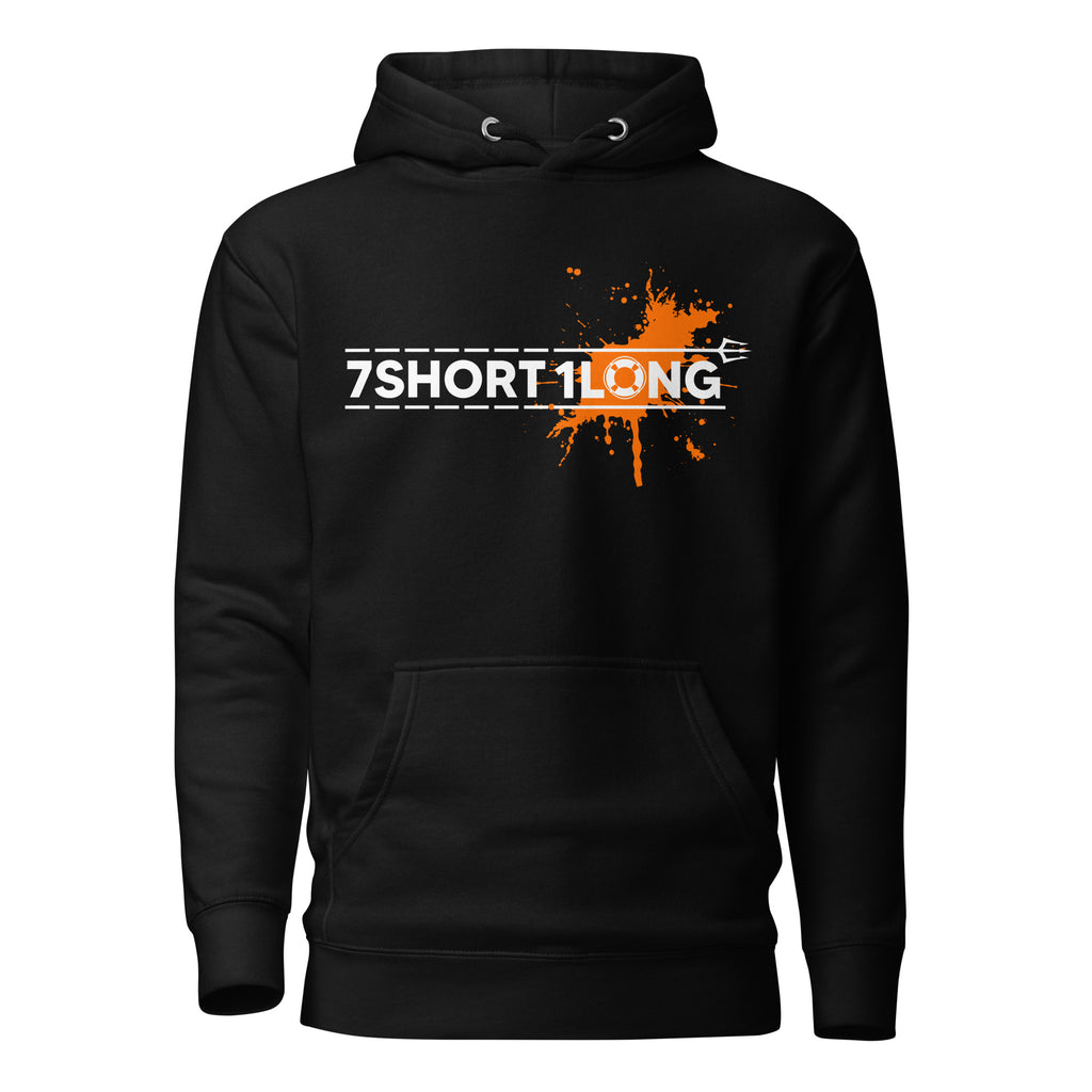 Black hoodie featuring the 7Short1Long logo with a bold orange color spot accent, inspired by maritime signal colors, crew work, and seafarer identity.mockup
