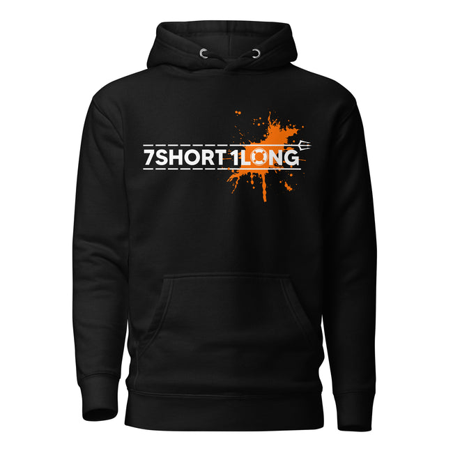 Black hoodie featuring the 7Short1Long logo with a bold orange color spot accent, inspired by maritime signal colors, crew work, and seafarer identity.mockup Hover Image