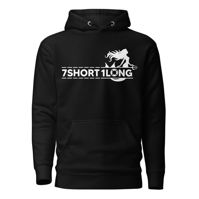 Black hoodie featuring a white mermaid graphic combined with the 7SHORT1LONG logo, inspired by maritime mythology, seafarer folklore, and modern crew identity. Hover Image