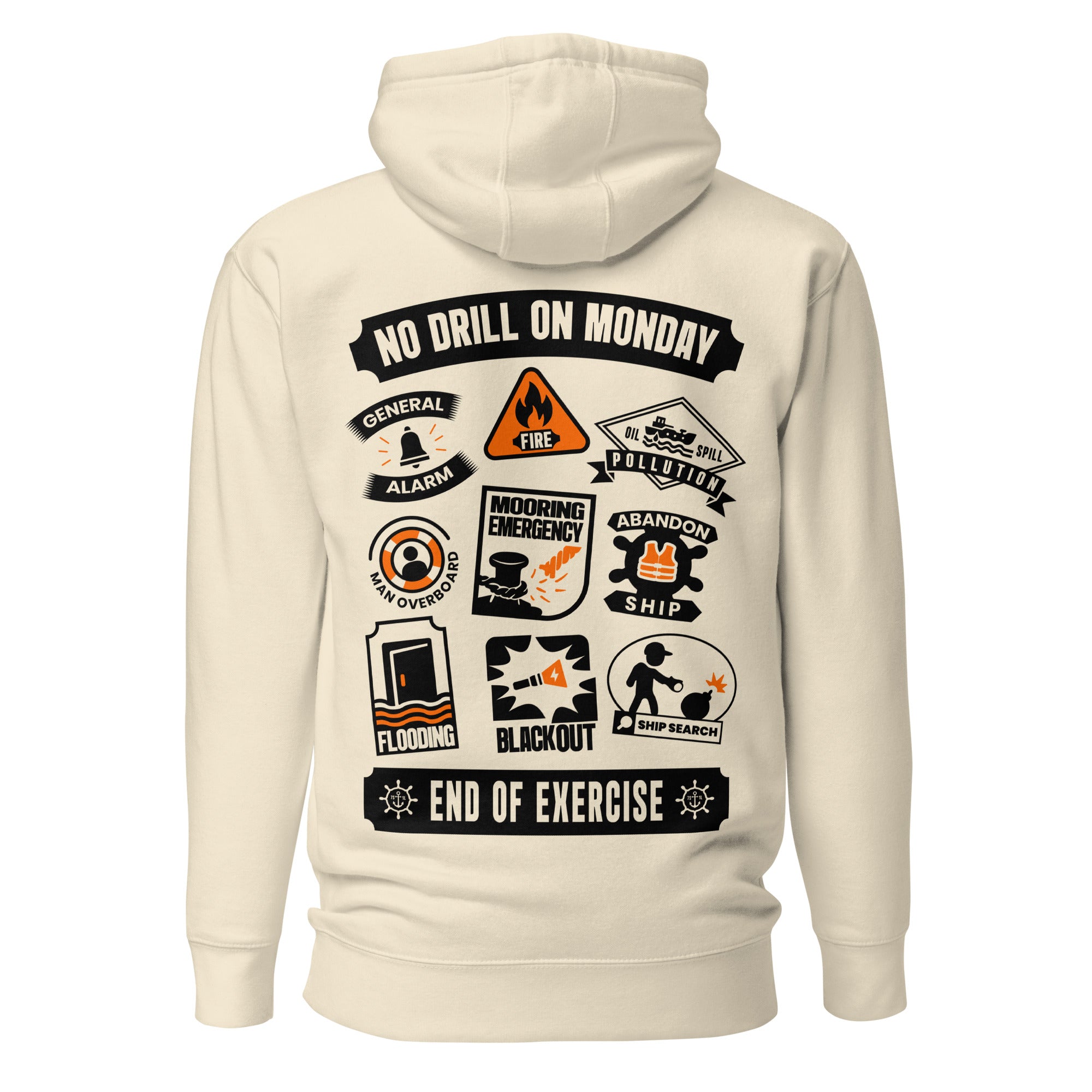Crew hoodie representing ship safety drills, including emergency response training, maneuver execution, and coordinated crew procedures on board.