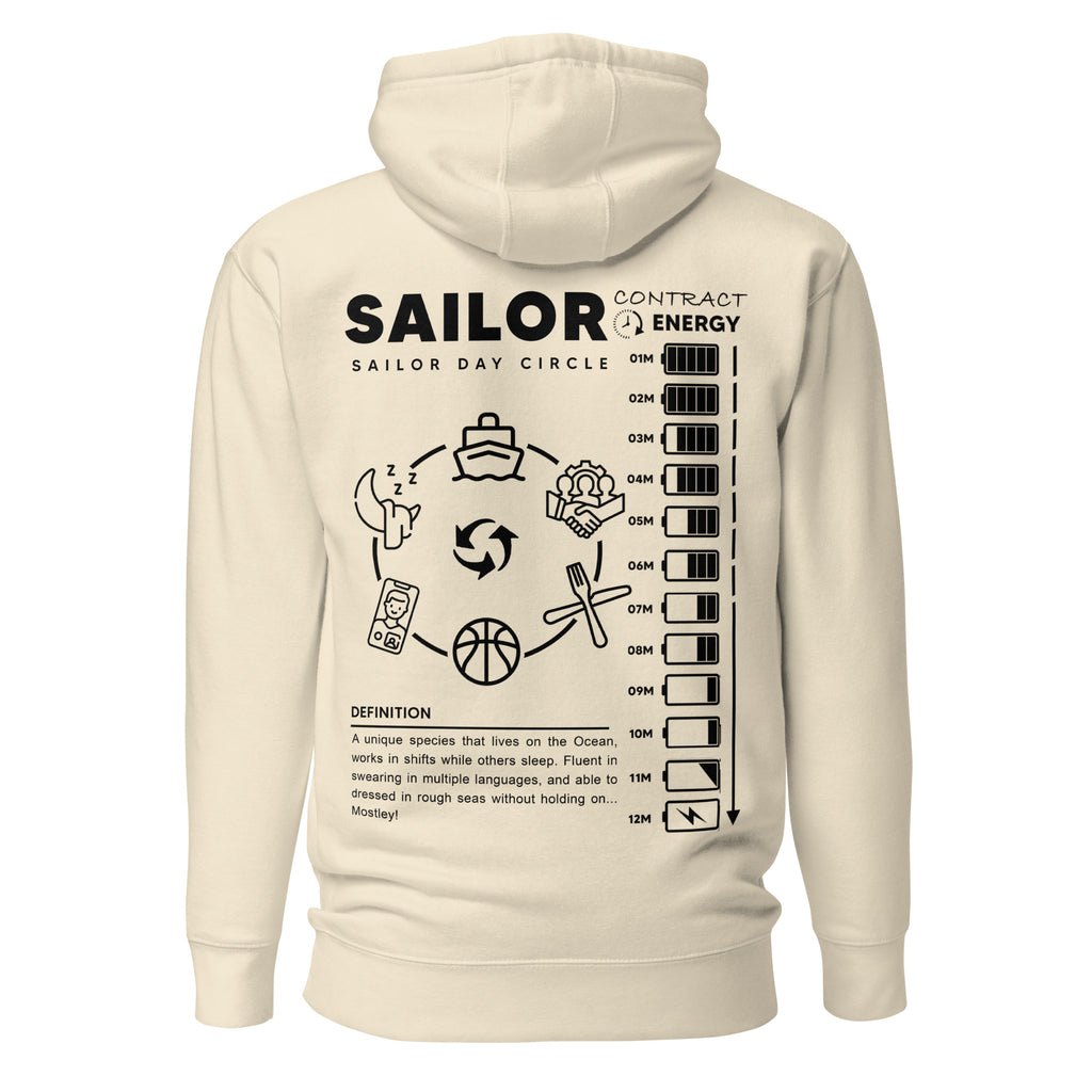 Crew hoodie featuring a circular sailor-themed design, symbolizing daily routines, unity, and the rhythm of life at sea.