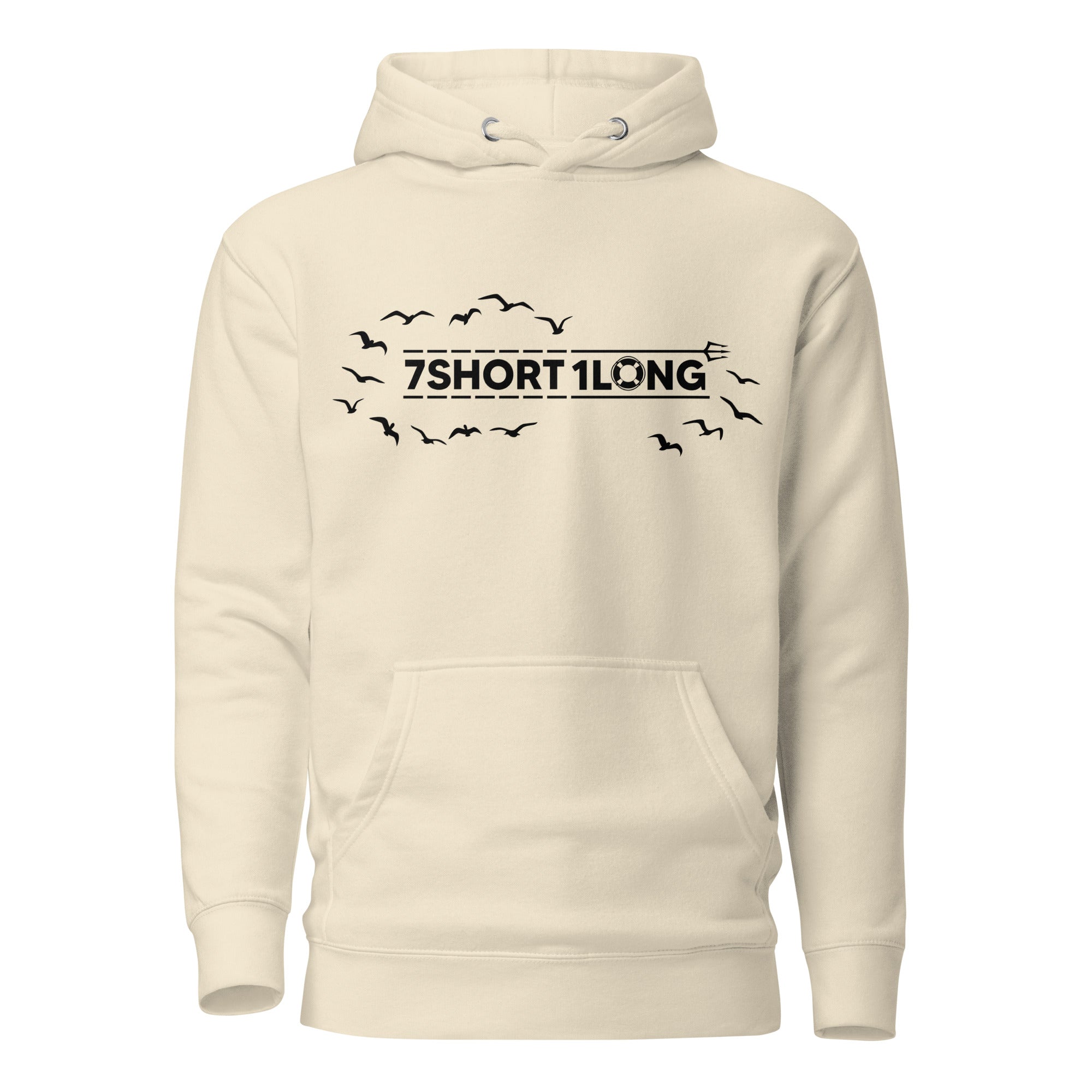 Hoodie featuring the 7SHORT1LONG logo surrounded by flying seagulls, inspired by life at sea, seabirds following ships, and modern seafarer identity.
