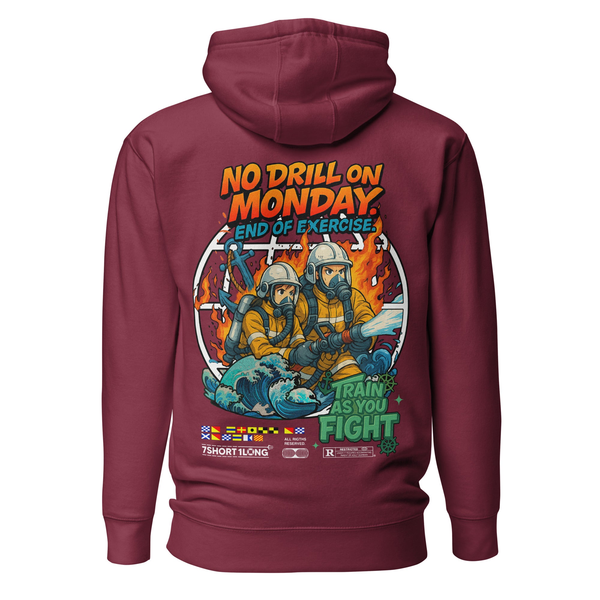 Crew hoodie representing a fire drill on board, inspired by STCW fire training, emergency response procedures, and professional maritime safety standards.