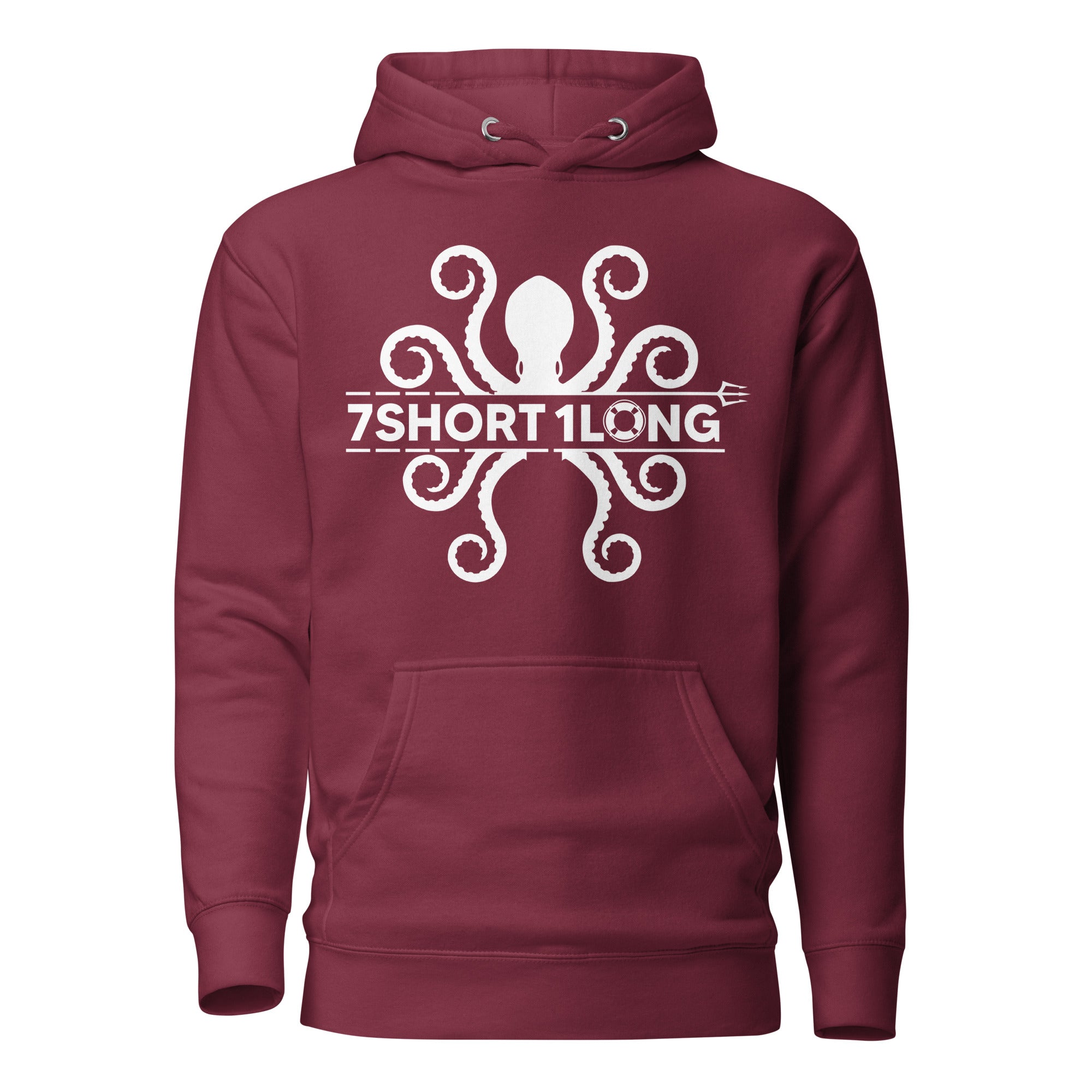 Red hoodie featuring a white kraken symbol combined with the 7Short1Long logo, inspired by maritime mythology and modern seafarer identity.