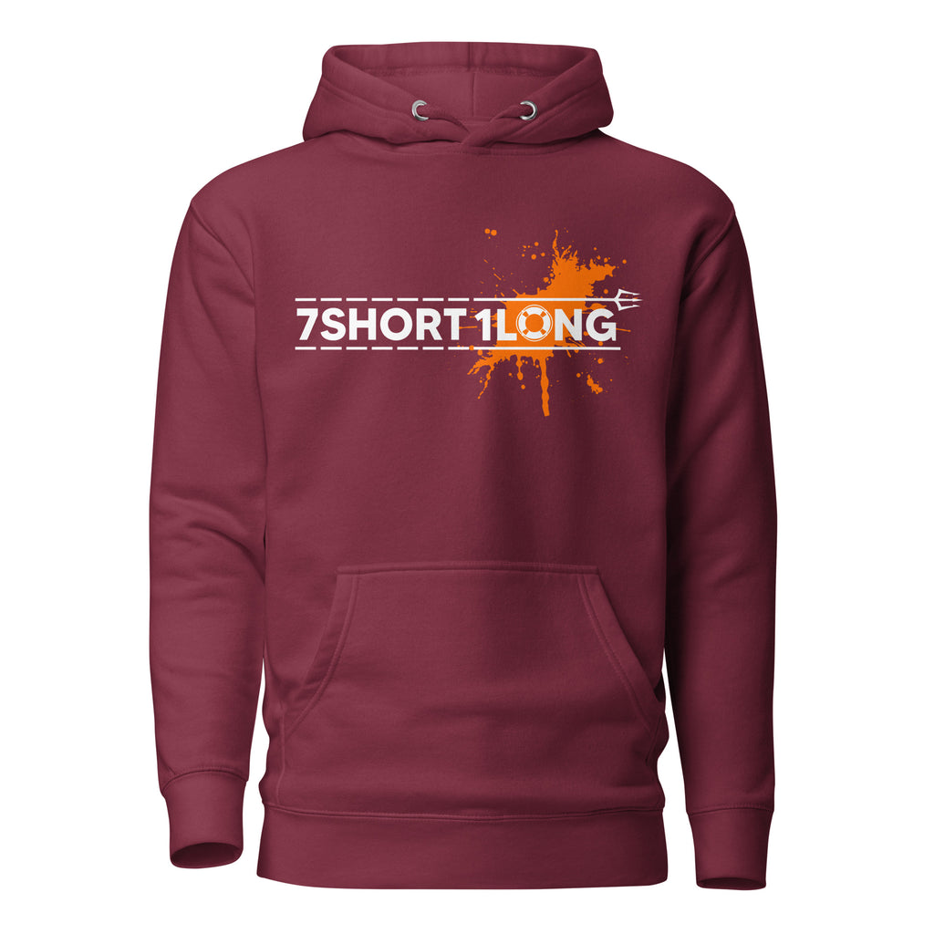 Red hoodie featuring the 7Short1Long logo with a bold orange color spot accent, inspired by maritime signal colors, crew work, and seafarer identity.