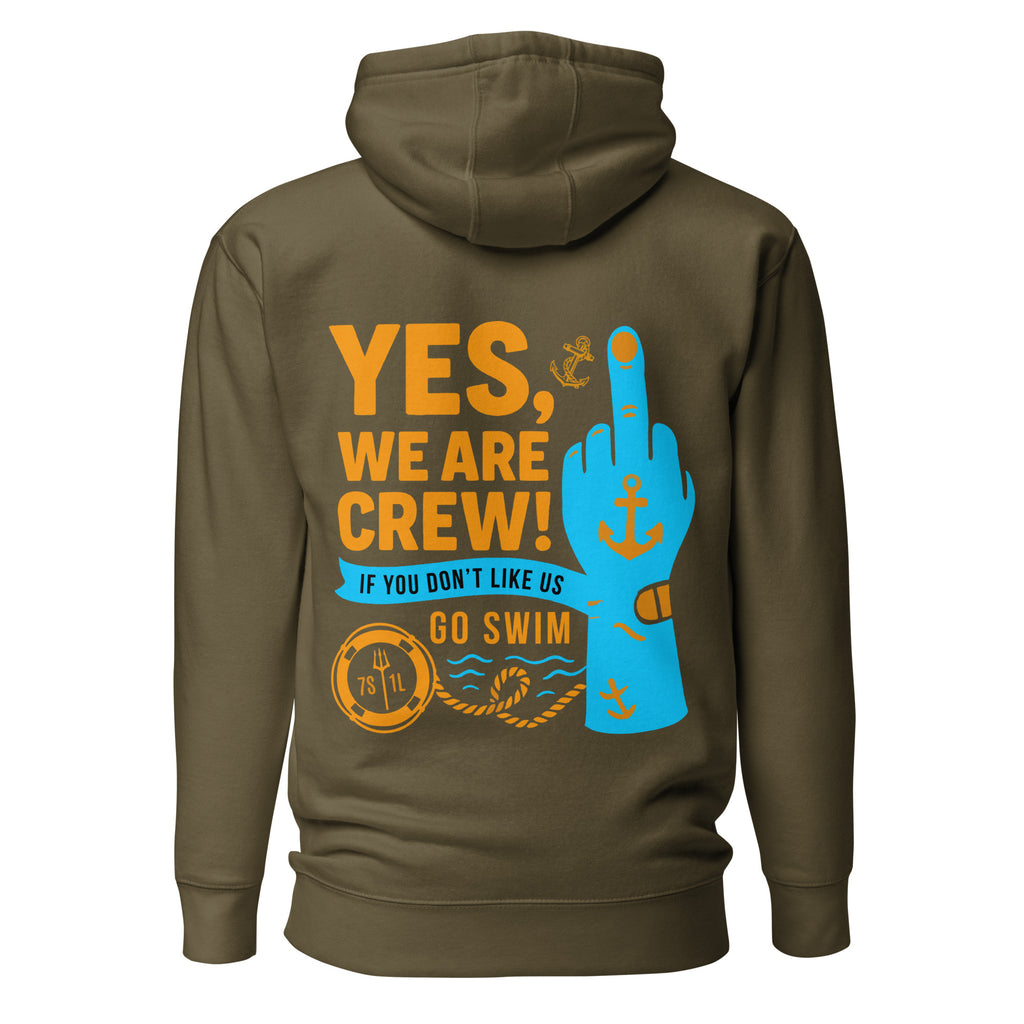 Crew hoodie featuring a bold middle finger design symbolizing crew attitude, dark humor, and unfiltered maritime work culture.