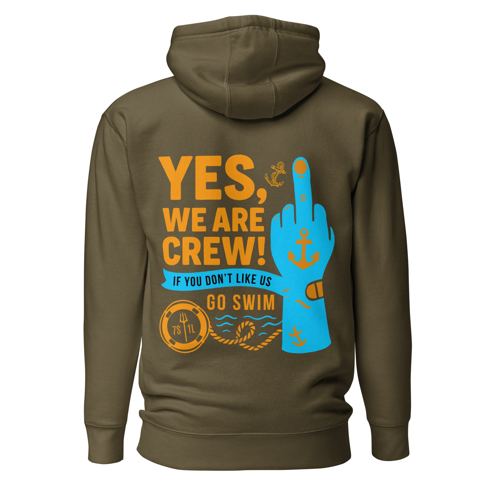 Crew hoodie featuring a bold middle finger design symbolizing crew attitude, dark humor, and unfiltered maritime work culture.