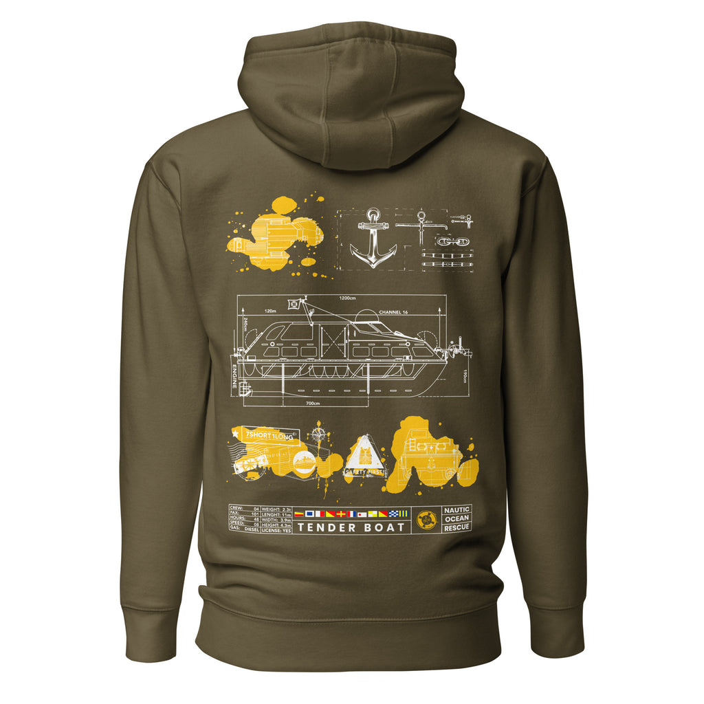 Crew hoodie inspired by tender boat operations and SOLAS safety regulations, representing maritime safety, crew transfers, and small craft operations at sea.