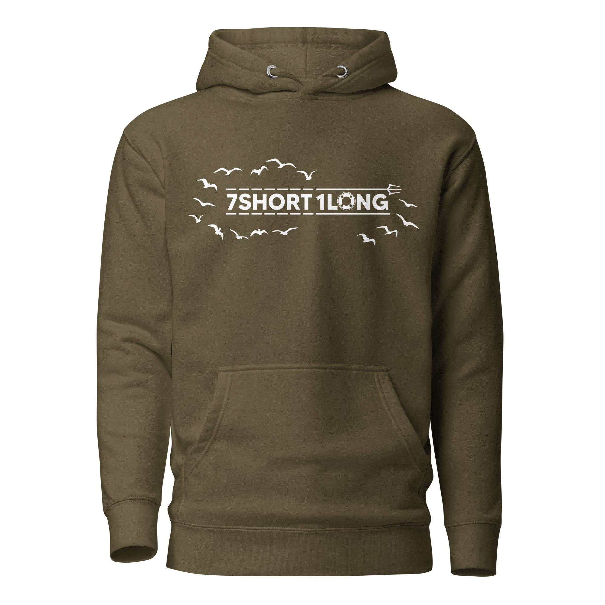 hoodie featuring the 7SHORT1LONG logo surrounded by flying seagulls, inspired by life at sea, seabirds following ships, and modern seafarer identity.