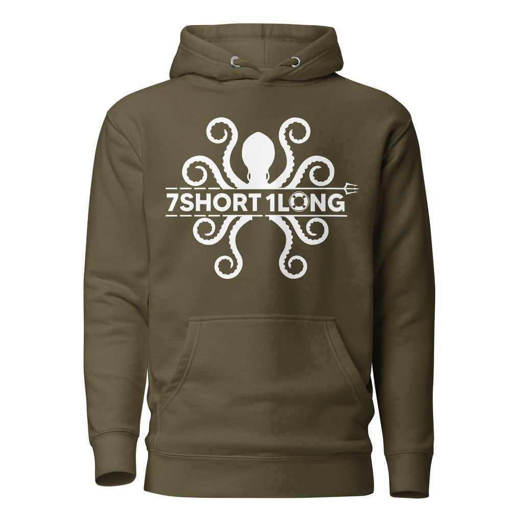 Green Military hoodie featuring a white kraken symbol combined with the 7Short1Long logo, inspired by maritime mythology and modern seafarer identity.