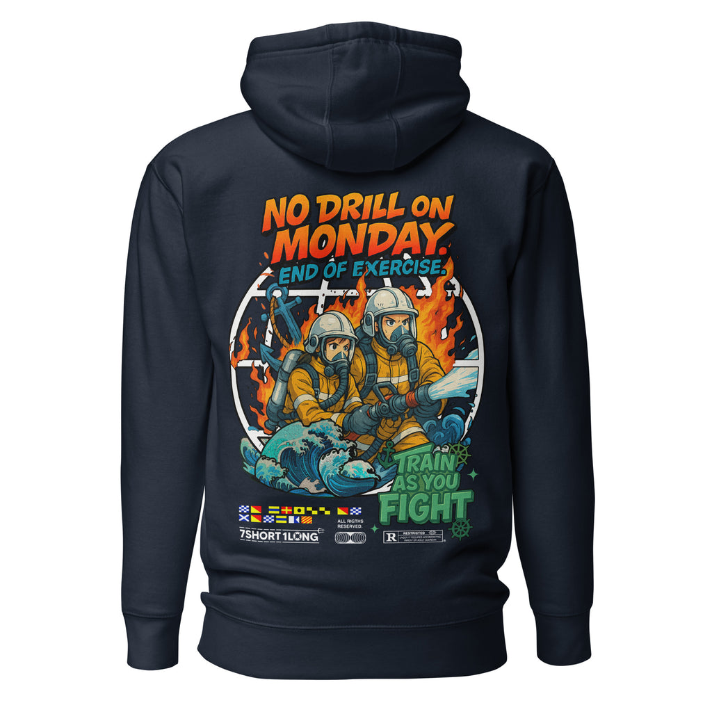 Crew hoodie representing a fire drill on board, inspired by STCW fire training, emergency response procedures, and professional maritime safety standards.