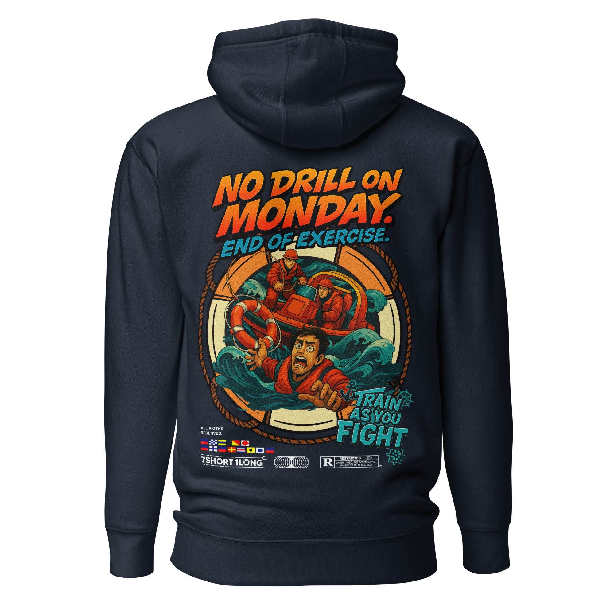 Crew hoodie representing a person overboard emergency response, inspired by safety drills, recovery procedures, and professional maritime rescue operations. Main image