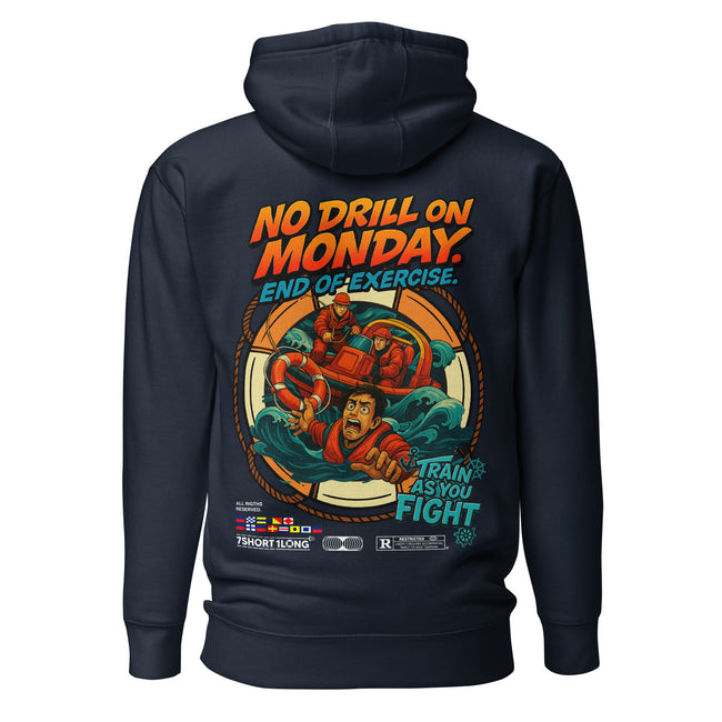 Crew hoodie representing a person overboard emergency response, inspired by safety drills, recovery procedures, and professional maritime rescue operations. Hover Image