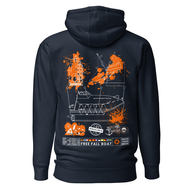 Crew hoodie inspired by free-fall lifeboat operations and SOLAS safety regulations, representing emergency evacuation and safety at sea. Hover Image