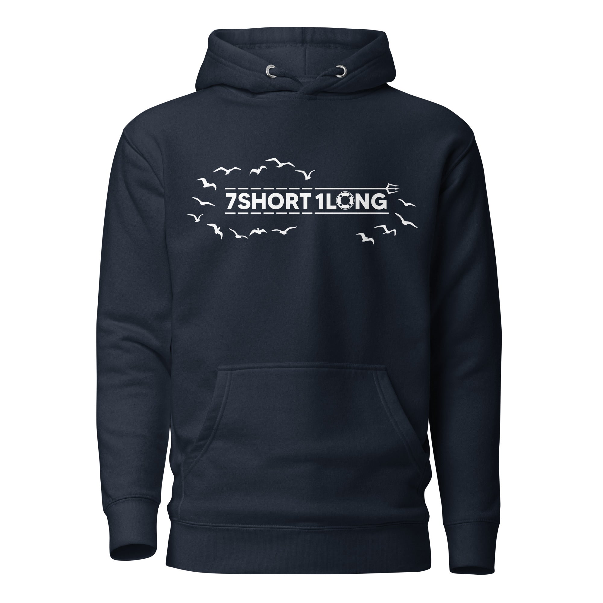 hoodie featuring the 7SHORT1LONG logo surrounded by flying seagulls, inspired by life at sea, seabirds following ships, and modern seafarer identity.