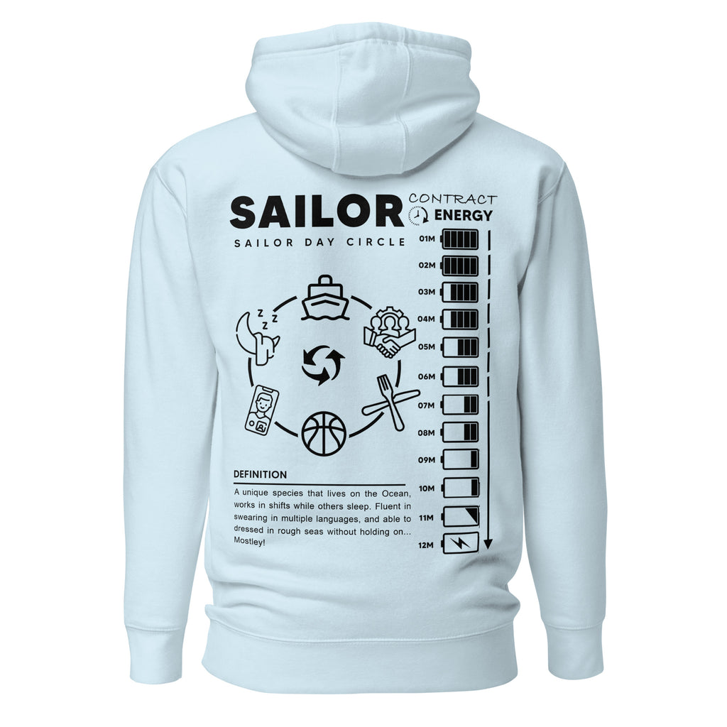 Crew hoodie featuring a circular sailor-themed design, symbolizing daily routines, unity, and the rhythm of life at sea.