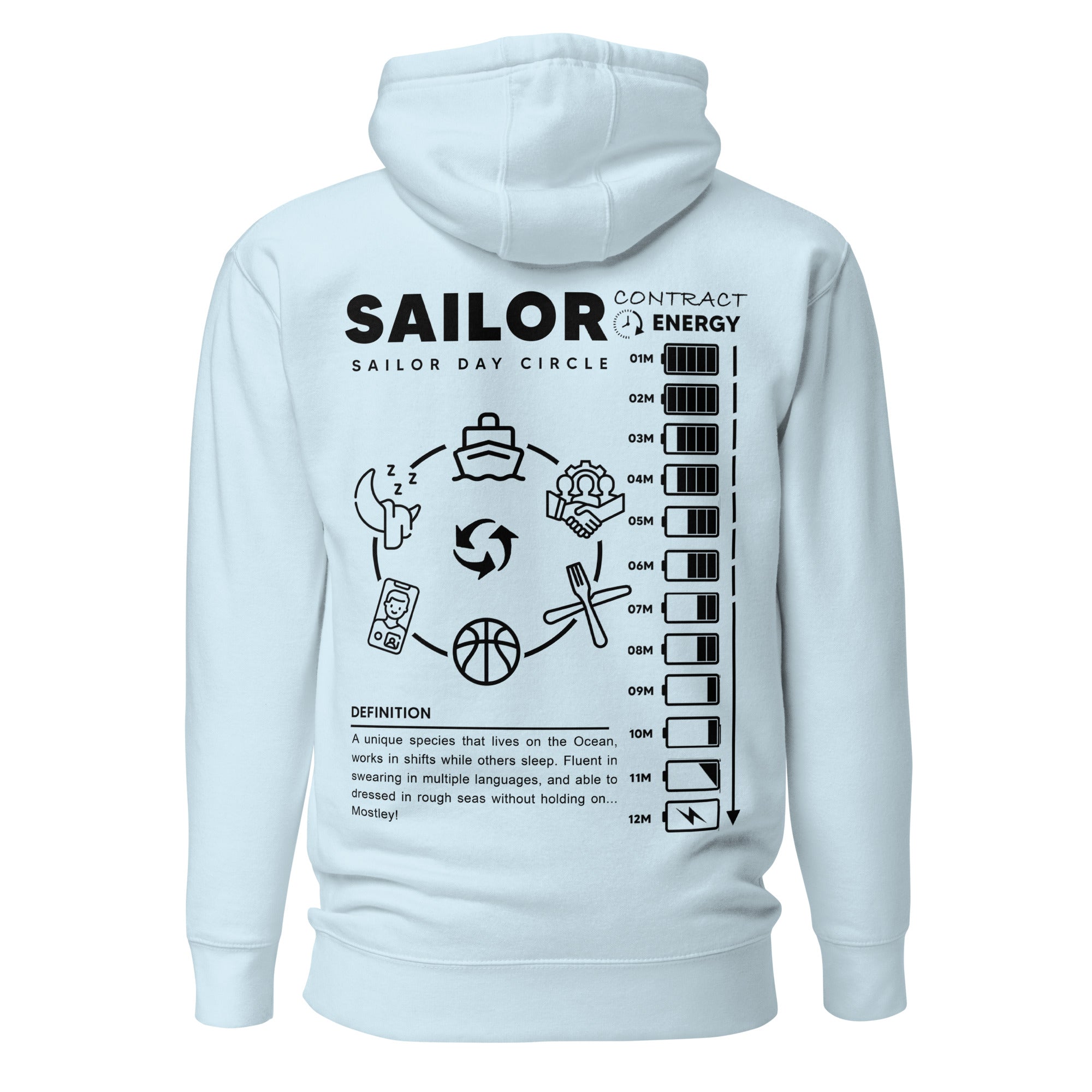 Crew hoodie featuring a circular sailor-themed design, symbolizing daily routines, unity, and the rhythm of life at sea.