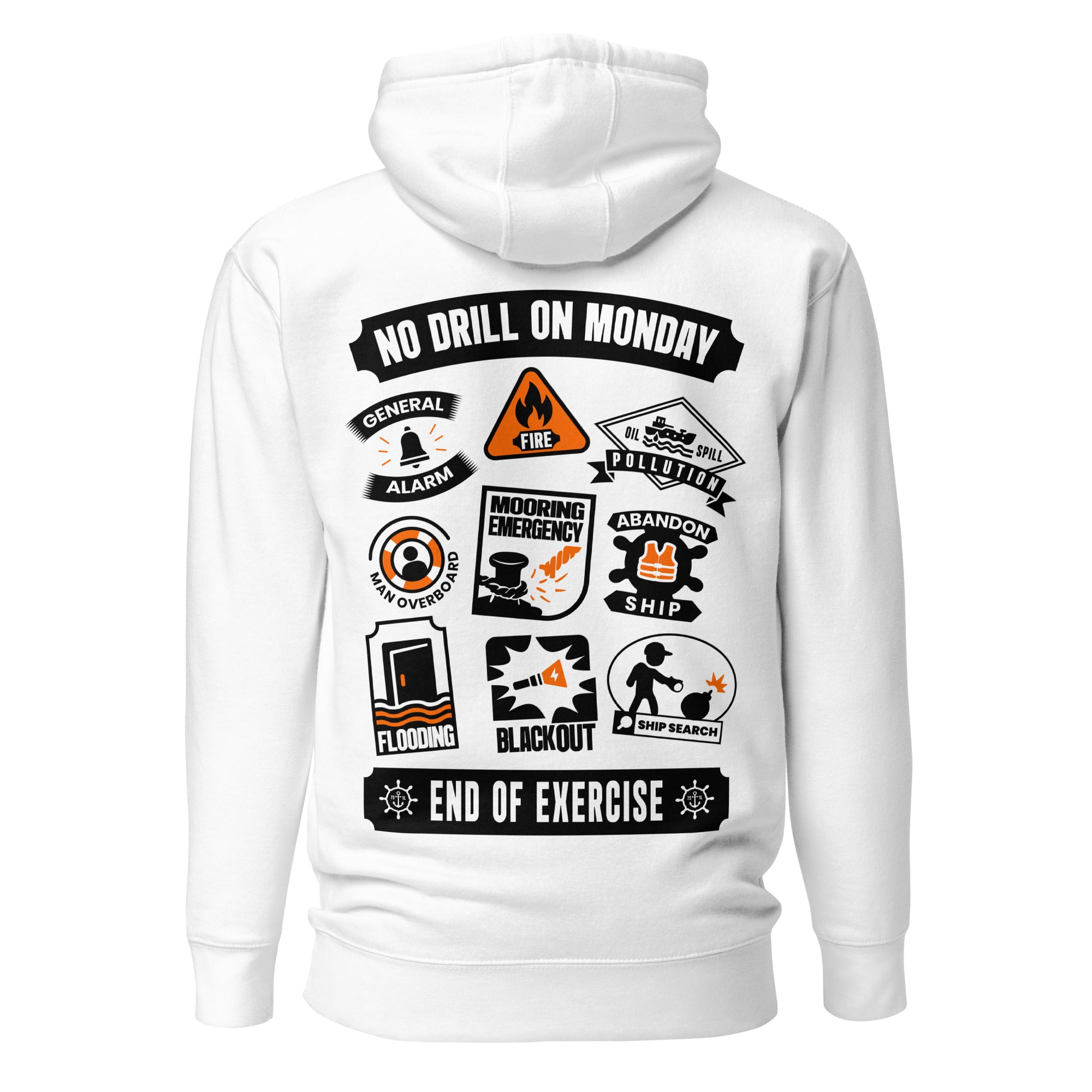 Crew hoodie representing ship safety drills, including emergency response training, maneuver execution, and coordinated crew procedures on board.