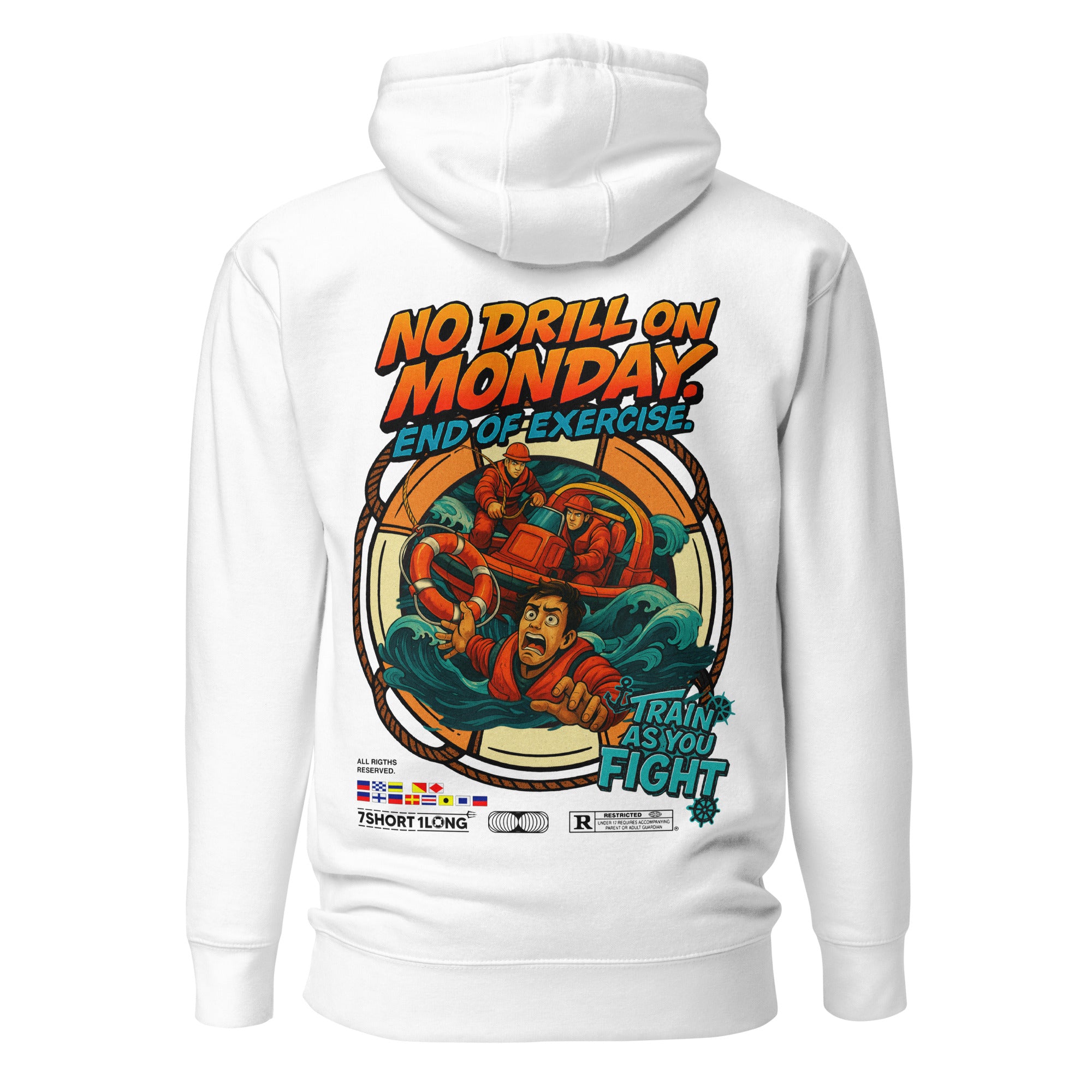 Crew hoodie representing a man overboard emergency response, inspired by MOB drills, turning maneuvers, and professional shipboard rescue procedures.