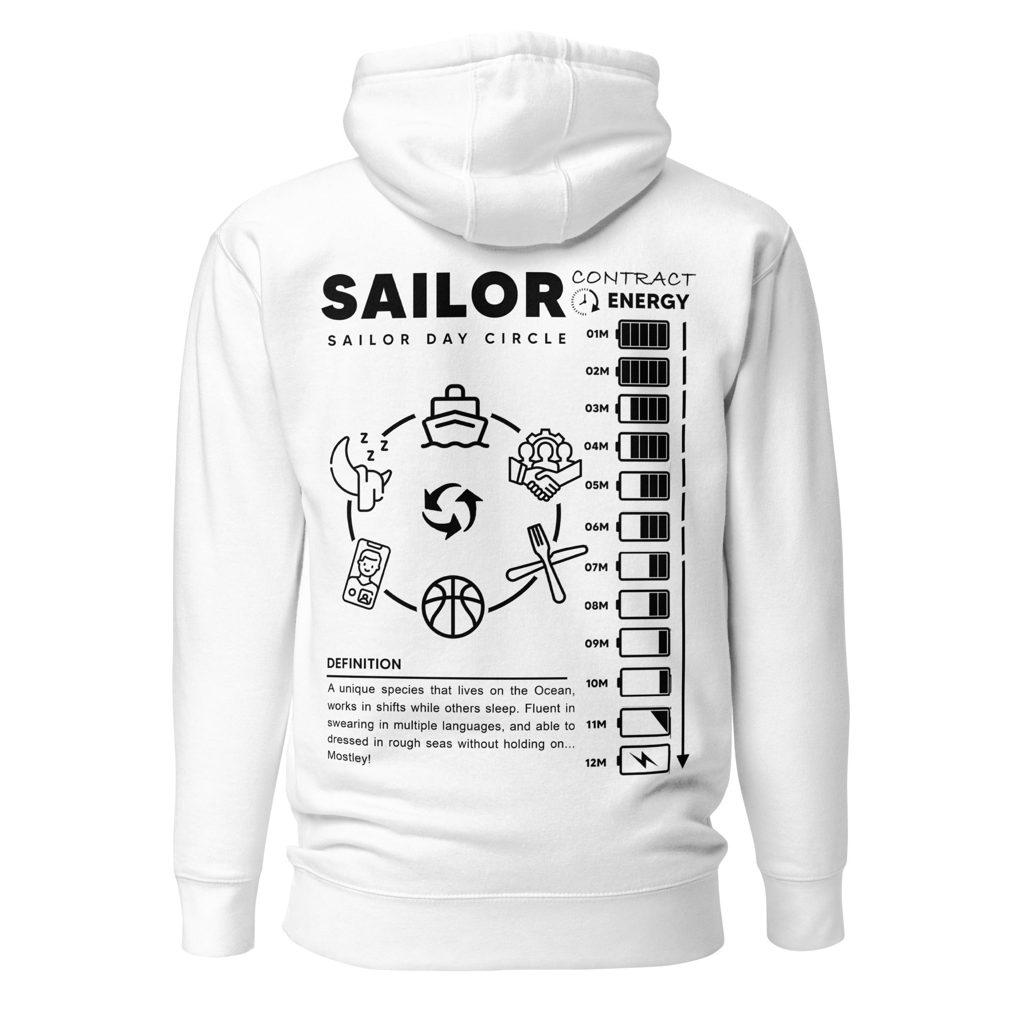 Crew hoodie featuring a circular sailor-themed design, symbolizing daily routines, unity, and the rhythm of life at sea.