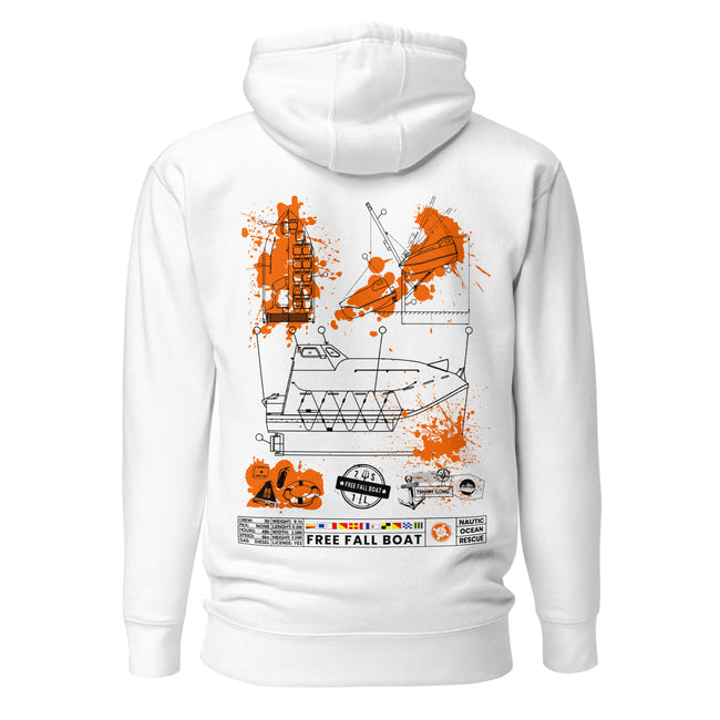 Crew hoodie inspired by free-fall lifeboat operations, SOLAS safety standards, and emergency evacuation readiness at sea. Hover Image